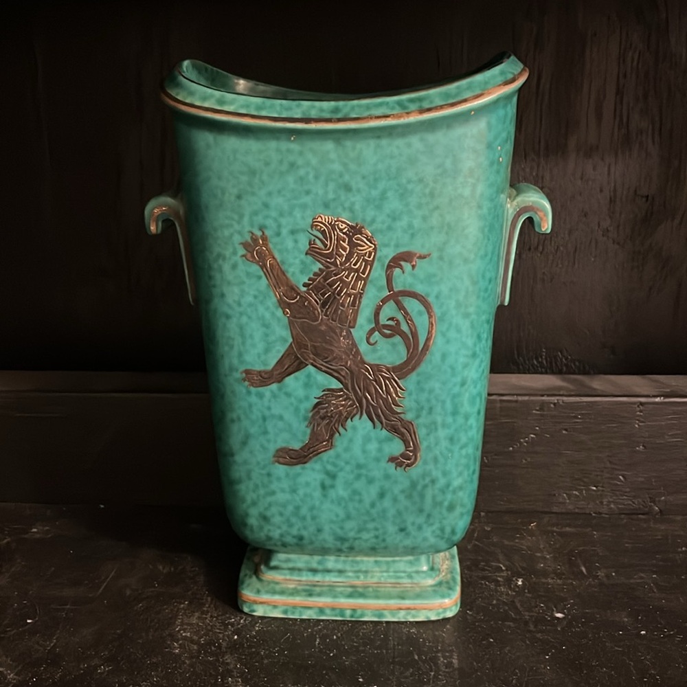 Green glazed vase “Argenta” made of ceramic and silver for Gustavsberg